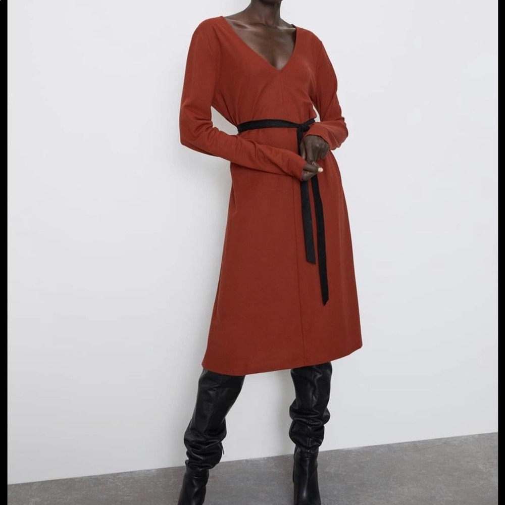 NWT Zara Burnt Orange Midi Dress With Belt Small